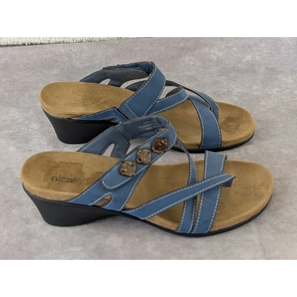 Nicole Albany Blue Strappy Wedge Sandals Womens 8.5 M Beaded Slides